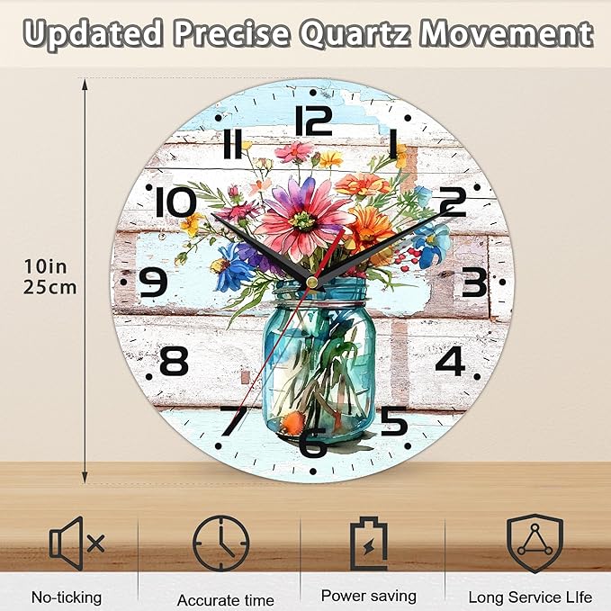 Watercolor Spring Flower Wall Clock, Vintage Wooden Silent Non-Ticking Battery Operated with Arabic Numerals, Decorative for Kitchen, Office, 10 Inch