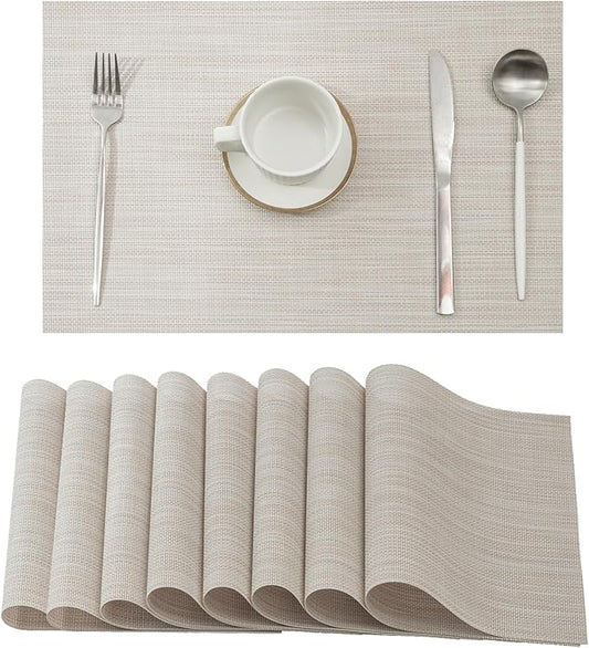 Leetaltree Beige White Placemats Set of 8 - Heat Resistant Non-Slip Place mats for Dining Table, Washable Durable PVC Vinyl Woven Table Mats(Beige White, 8)