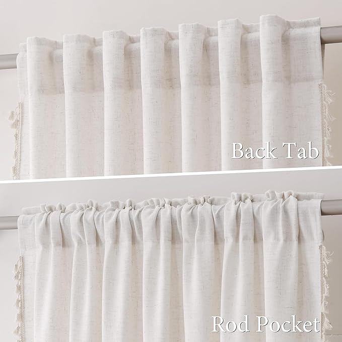 Cream Beige Boho Linen Curtains 96 Inches Long 2 Panels Semi Sheer Curtains Tassel Rod Pocket Back Tab Top Light Filtering Neutral Farmhouse Curtain for Living Room Bedroom 52x96