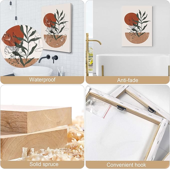 Boho Wall Art Prints, Boho Wall Decor, Abstract Geometric Prints Black Beige Terracotta Minimalist Art, Natural Framed Canvas Prints Artwork For Living Room Bathroom Bedroom Wall Decor