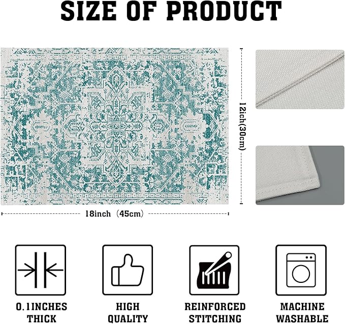 Gray Teal Boho Placemats Set of 4 Ethnic Bohemian Carpet Place Mats Washable Kitchen Dining Vintage Grey Geography Floral Linen Table Mats Stain Heat-Resistant Cloth Tabel for Home Party 12x18 in