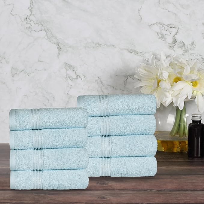 Superior Egyptian Cotton 8-Piece Hand Towel Set, Towel Basics For Quick Dry, Absorbent Small Towels, Facial, Spa, Kitchen, Bathroom Essentials, Apartment, Guest Bath, Soft, Washcloth, Light Blue