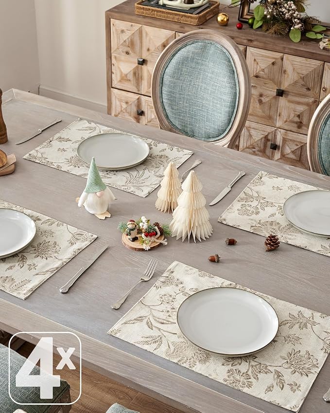 JINCHAN Linen Floral Fall Placemats Set of 4 Cloth Table Mats Rustic Cottagecore Jacobean Outdoor Seasonal for Kitchen Dining Table Decor Non-Slip Washable Tablemats 13x19 Inch Taupe