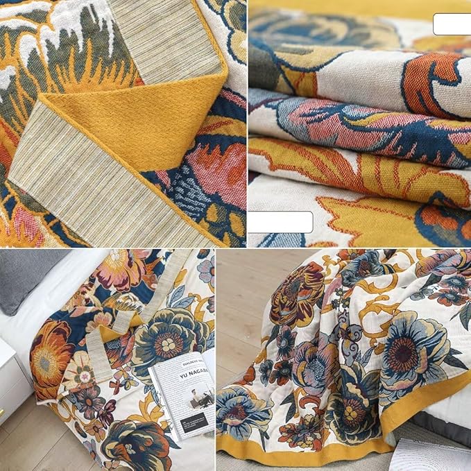 Boho Throw Blankets for Bed Couch, 100% Soft Cozy Cotton Throw Blanket Boho 80"x90",Lightweight Reversible Muslin Blanket Decor Blankets for Armchair Travel
