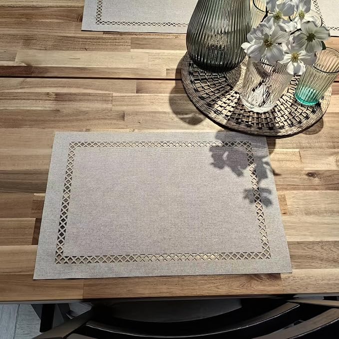 Placemats Set of 4 for Dining Table with Hollow Edge Design- Table Mats 12x 18 Inch, Cloth Place mats Machine Washable (Beige 4pcs)