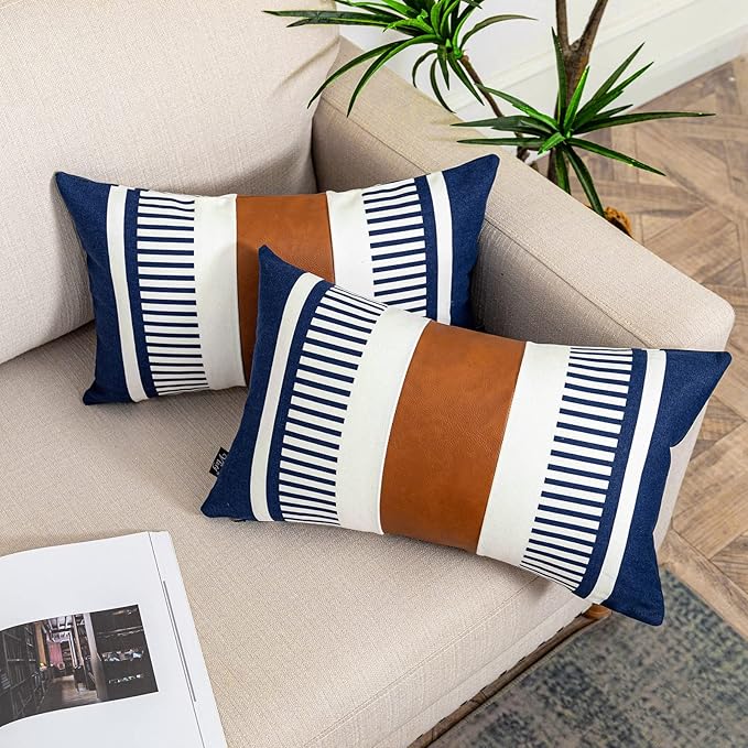 Set of 2 Navy Blue and White Stripe Throw Lumbar Pillow Covers 12x20 inch,Faux Leather Modern Accent Boho Cushion Cover for Couch Living Room Bedroom