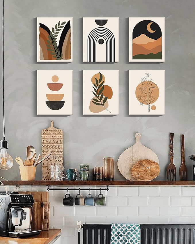 Drsoum Boho Wall Decor Minimalist Bohemain Wall Art Mid Century Modern Abstract 𝗙𝗿𝗮𝗺𝗲𝗱 Room Decor Moon Phases Wall Painting For Bedroom Home Decor Set of 6, 8x10in (Framed)