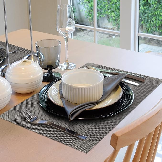 Winknowl Placemats for Dining Table Set of 6 Waterproof, Woven Place Mats for Kitchen Table Vinyl Heat Insulation Stain Resistant Placemats (Gray)