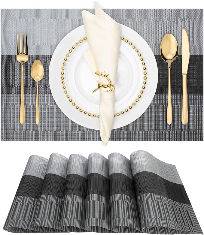 Winknowl Placemats, Set of 6 Heat Resistant Stain Resistant Non-Slip Woven Vinyl Insulation Placemats, Washable Durable Elegant Table Mats for Dining (Black)