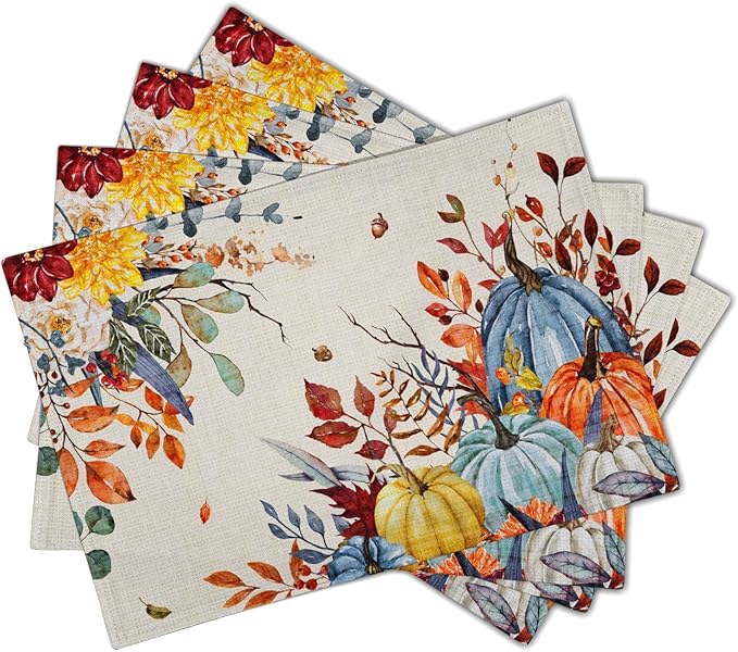 Giwawa Fall Thanksgiving Placemats Set of 4 Watercolor Autumn Pumpkins Floral Linen Table Mats 12x18 Inch Washable Heat Resistance for Kitchen Dining Farmhouse Holiday Decor