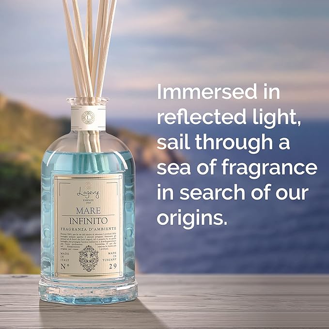 Logevy Firenze 1965 Mare Infinito – Infinite Sea Luxury Home Fragrance Diffuser from Master Perfumer in Italy with Refreshing Notes in Elegant Glass Bottle with 12 Natural Bamboo Reeds – 500ml