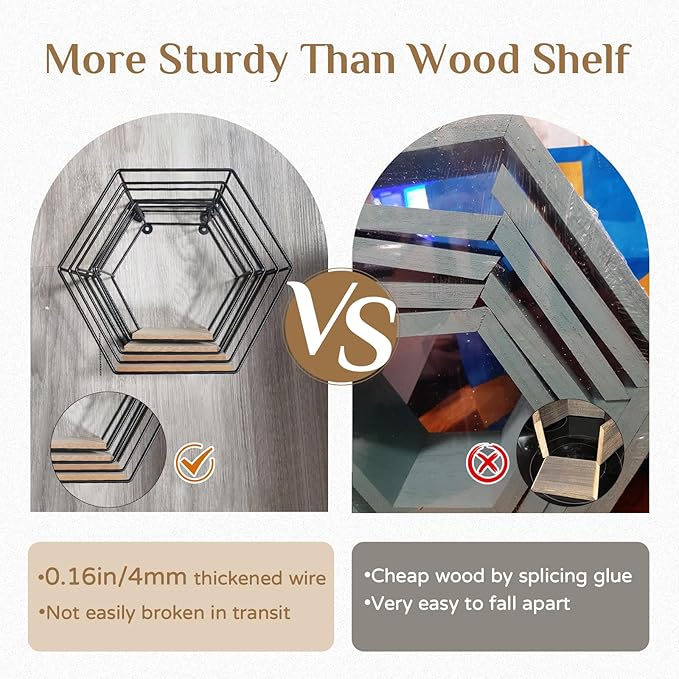 Hexagon Shelves Black for Wall - Metal Wood Floating Honeycomb Shelf - Hanging Planter Shelves for Living Room Bedroom Bathroom Set of 4