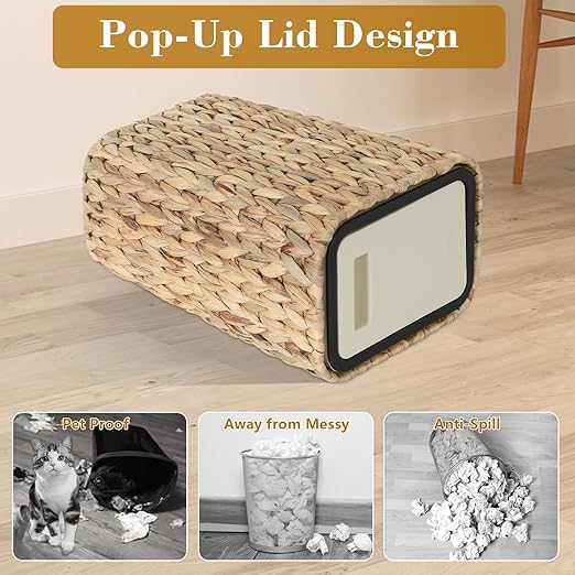 Boho Trash Can with Lid for Bathroom,2.6 Gallon Small Rattan Garbage Can with Press Top Lid,Woven Wastebasket and Hamper 2 in 1 Wicker Trash Basket for Bathroom,Kitchen,Living Room,Bedroom