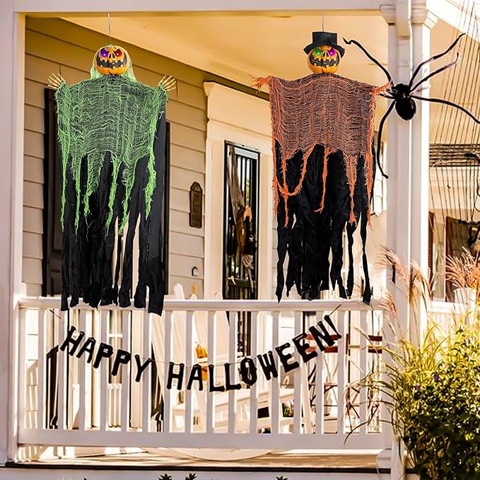 FUNPENY 2 Pack 5.2' Hanging Ghost Pumpkin with Bendable Arms, Halloween Skeleton Pumpkin Decorations with Color Changing Lighted Eyes for Halloween Party Lawn Outdoor Indoor Decor