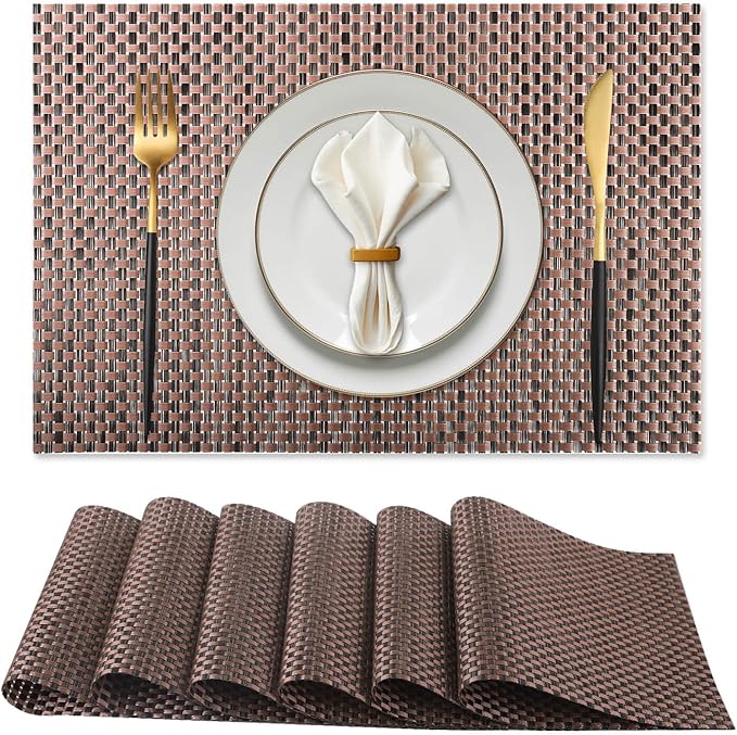 Vinyl Plastic Placemats Set of 6 Washable Heat Resistant Non-Slip Elegant Indoor Outdoor Kitchen Dining PVC Woven Table Place Mats (Black Red Weaving)