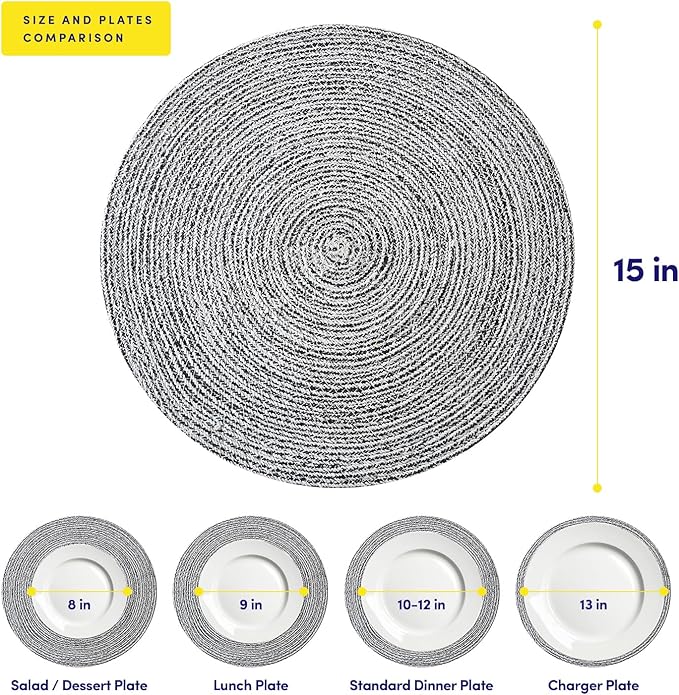 Round Placemats Set of 4-100% Cotton Two-Tone Placemat for Dining Table - Woven Braided Table Setting Place Mat - Washable Table Decor for Kitchen, Farmhouse, Rustic, Everyday Use, Black