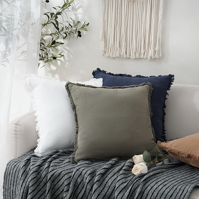 Foindtower Set of 2 Decorative Linen Fringe Throw Pillow Covers Cozy Boho Farmhouse Cushion Cover with Tassels Soft Accent Pillowcase for Couch Sofa Bed Living Room Home Decor, 26×26 Inch, Cream White