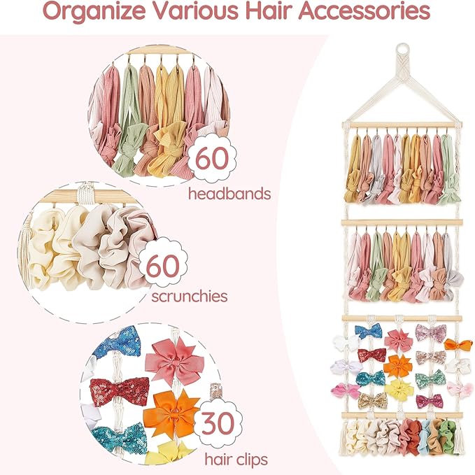 Mkono Headband Holder Boho Hair Bow Organizer for Girls Macrame Bow Hanger with 30 Hooks Bow Holder for Nursery Baby's Room Hair Accessories Organizer Wall Hanging Decor for Bedroom Bathroom
