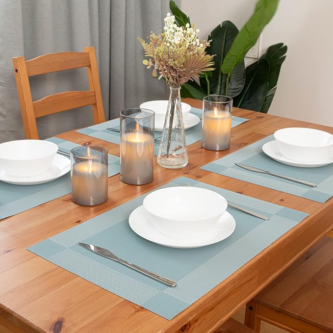 Winknowl Placemats for Dining Table Set of 8 Waterproof, Woven Place Mats for Kitchen Table Vinyl Heat Insulation Stain Resistant Placemats (Sky Blue)