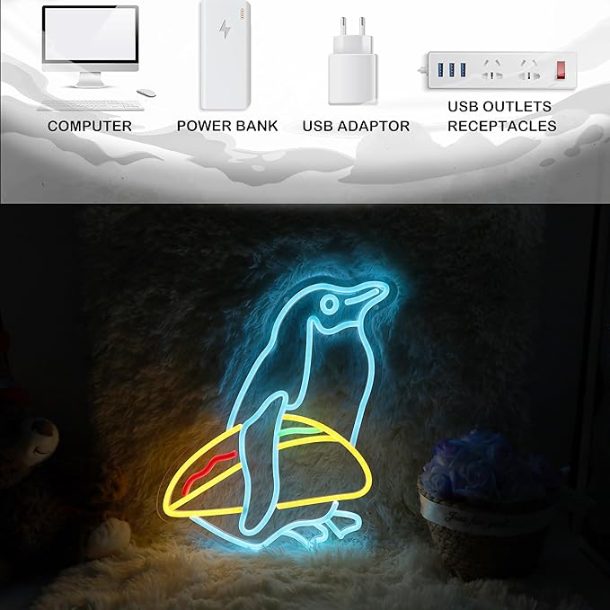 Penguin Tacos Neon Sign Cute Penguin LED Light Up Sign for Nursery Room Wall Decor Man Cave Game Room Penguin Gifts11.9"×15.7"