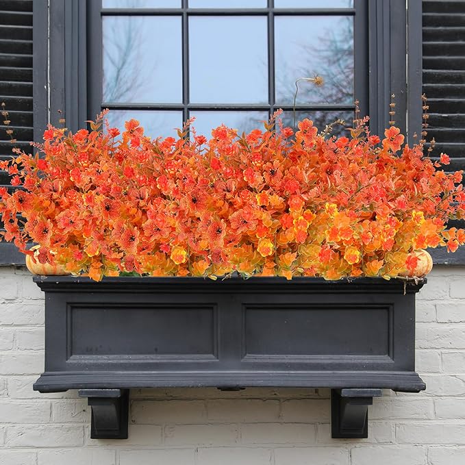 AmyHomie 20 Bundles Mix Orange Artificial Fall Flowers for Outdoor Fall Decor UV Resistant Fake Mums No Fade Fake Plastic Plants Garden Porch Window Box Decorating