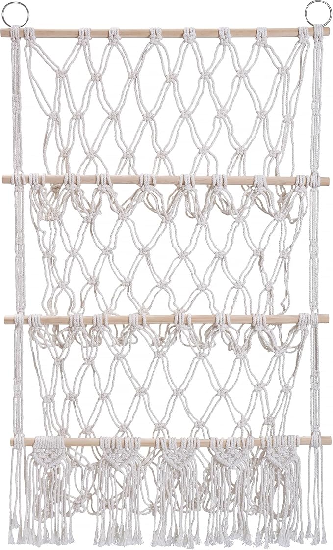 3 Tiers Plush Toy Organizer Hammock with Tassels, Stuffed Animals Net for Kid's, Nursery Boho Net Bag Storage Rack Bookshelf Hammocks Home Decor, 3 Layers, Beige