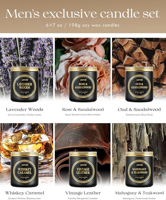 AOOVOO Scented Candles Gift Set - 6 Pack Men Candles for Home Scented, Soy Candle for Men, 42 oz 300 Hour Long Lasting Candle Set for Birthday, Father's Day, Valentine, Christmas, Anniversary