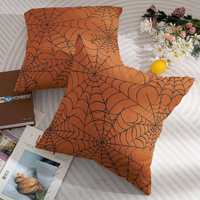 Halloween Spiderweb Pillow Covers 24x24 Set of 2 Burnt Orange Black Web Outdoor Decorative Throw Pillows Halloween Scary Themed Farmhouse Pillowcases Linen Cushion Case Decor for Home Sofa Couch Bed