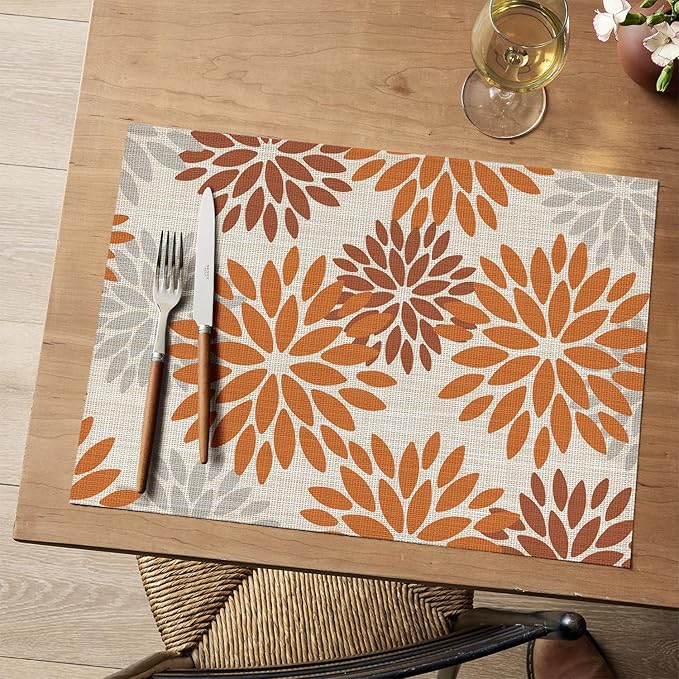 Artoid Mode Floral Vinyl Placemats Set of 6, Heat Resistant Washable Non-Slip Plistic PVC Place Mats for Fall Thanksgiving Party Kitchen Dining Decor, Orange