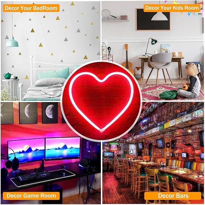 Neon Heart Sign, Red Led Sign Light for Bedroom, Hanging Lamp for Wall Decor, USB/Battery Operated