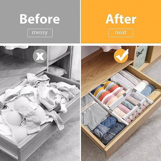 JONYJ Drawer Dividers Organizer 6 Pack, Adjustable Separators 4" High Expandable from 11-17" for Bedroom, Bathroom, Closet, Clothing, Office, Strong Secure Hold, Foam Ends, Locks in Place
