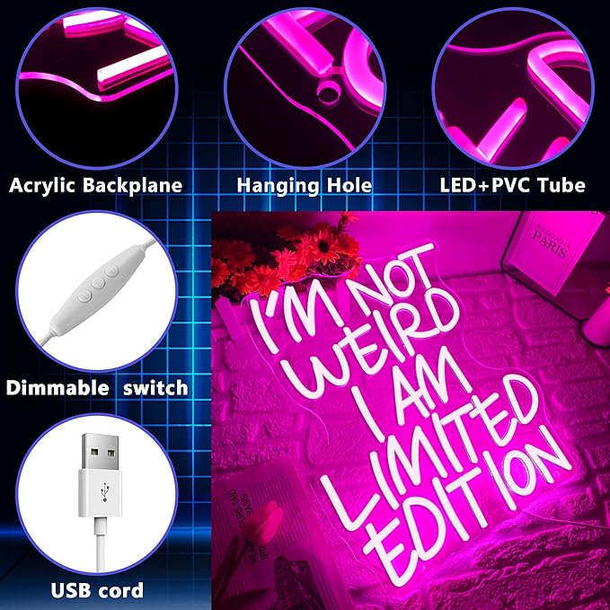I'm Not Weird, I'm Limited Edition LED Neon Sign, Dimmable Funny Pink Inspirational Quote Neon Light Signs, Pop Art Preppy Wall Art for Bedroom Man Cave Game Room Wall Decor(12.7 * 15.7in)