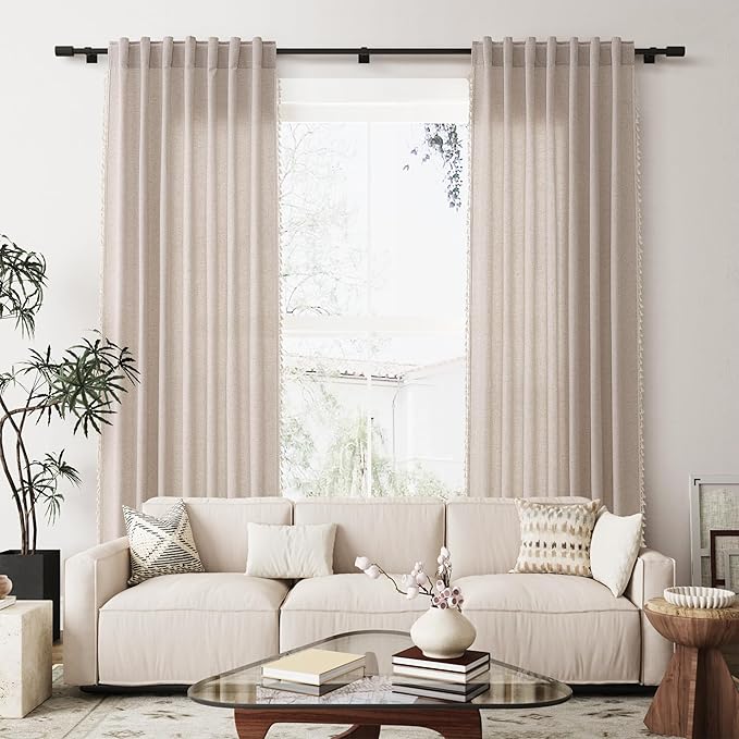 Oatmeal Beige Linen Textured Curtains 80 Inches Long 2 Panels Boho Farmhouse Semi Sheer Window Curtains Tassels Back Tab Neutral Light Filtering Chic Curtain Drapes for Living Room Bedroom 52x80