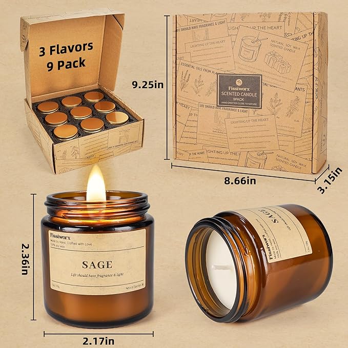 9 Pack Soy Candles for Home Scented |(Vanilla/Lavender/Sage) Long-Lasting 270 Hours, Natural Scented Candles Gift for Women & Men, Birthday, Mother’s Day, Christmas, Thanksgiving