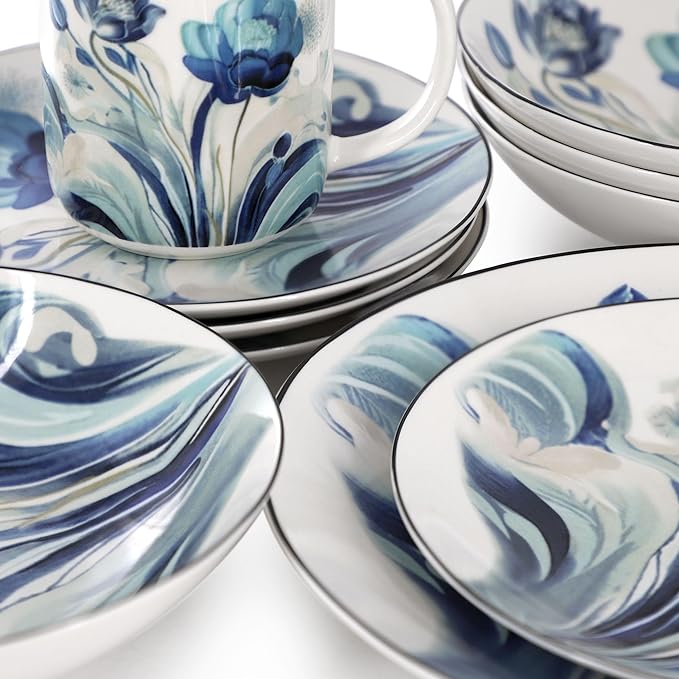Elama Peony Garden 16 Piece Abstract Floral Round Porcelain Dinnerware Set, Tableware Set, Serveware Set (Peony Garden)