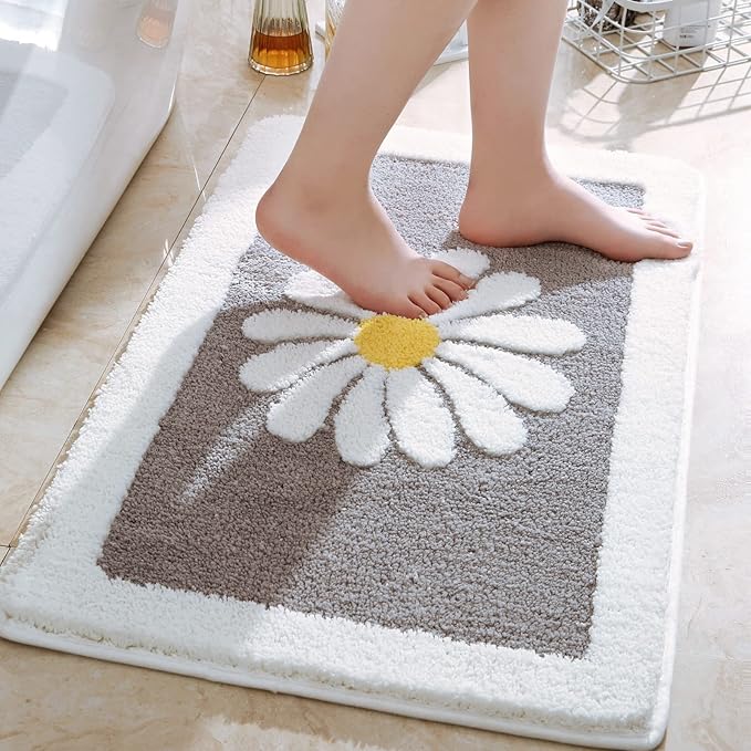 Rugs Mat, White Flower Bath Rugs Fluffy Soft Superfine Fiber Rugs Non Slip Bath Mat Machine Wash Plush Bathroom Rug for Bathroom Shower Room (16"×24", Gray)