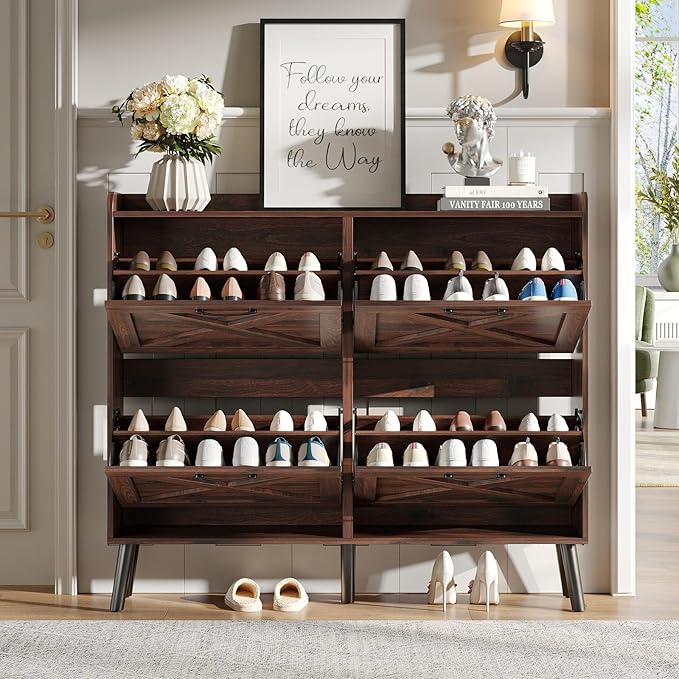 Maupvit Large Shoe Storage Cabinet with 4 Flip Drawers, Narrow Shoe Cabinet for Entryway with Wooden Legs, Freestanding Hidden Shoe Rack Organizer & Metal Hinges, Walnut