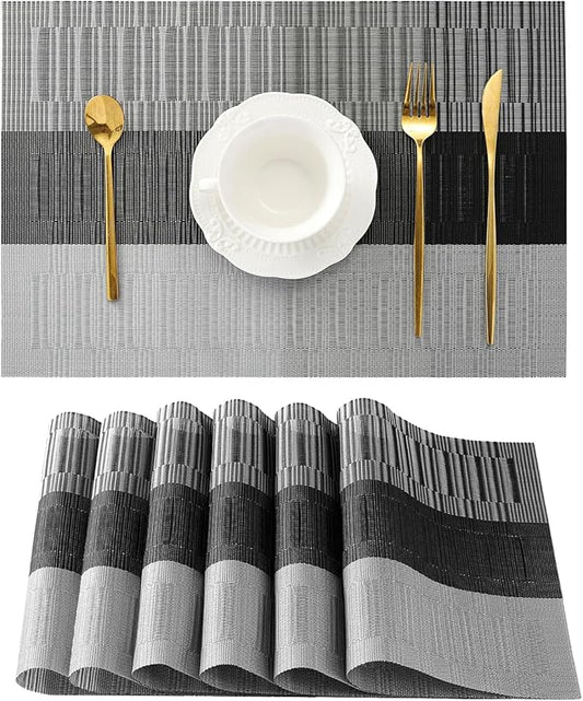Leetaltree Grey with White Striped Placemats Set of 6 - Heat Resistant Non-Slip Place mats for Dining Table, Washable Durable PVC Vinyl Woven Table Mats(Grey Stripe, 6)