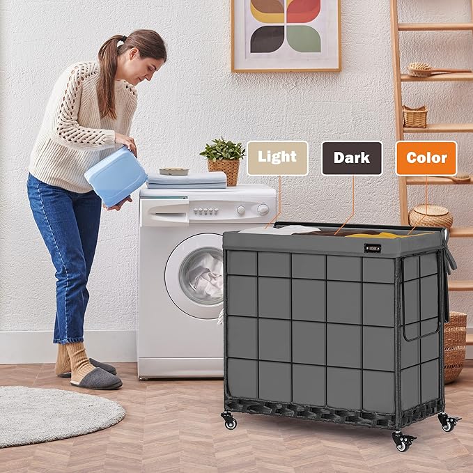Laundry Hamper with Heavy Duty Caster Wheels; 3 Sections Clothes Hamper with Lid; 132L Laundry Basket with Removable Liner Bag; Laundry Sorter with Metal Handle (Grey)