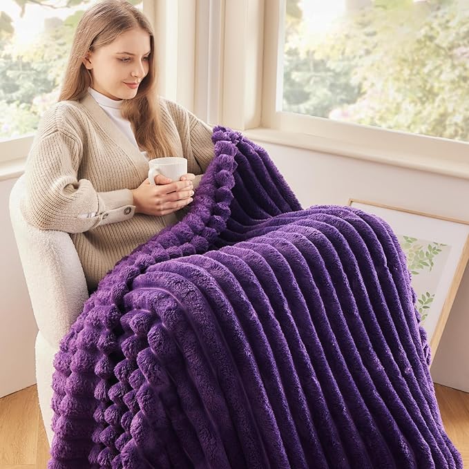 NEWCOSPLAY Super Soft Twin Blanket Purple Premium Silky Flannel Fleece 3D Ribbed Jacquard Lightweight Bed Blanket All Season Use (Purple Ribbed, Twin(60"x80"))