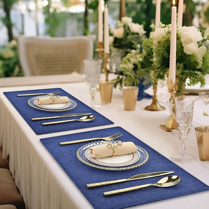 Navy Blue Cloth Placemats Set of 8 - Double Thickened Easy to Clean Linen Style Fabric Placemats - Machine Washable Placemats - Heat Resistant Non-Slip Table Mats (Navy Blue, 8)