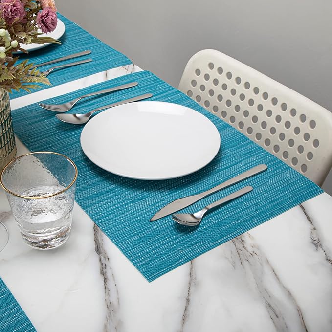 Winknowl Placemats Set of 4, Heat Resistant Stain Resistant Woven Vinyl Insulation Place mats, Durable Washable Elegant Table Mats for Kitchen Dining Table Decor (Teal Blue)