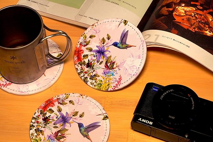Hummingbirds Bird Flower Coasters for Drinks with Holder Leather Coasters Set of 6 Table Decor Protect Furniture from Water Marks Scratch and Damage