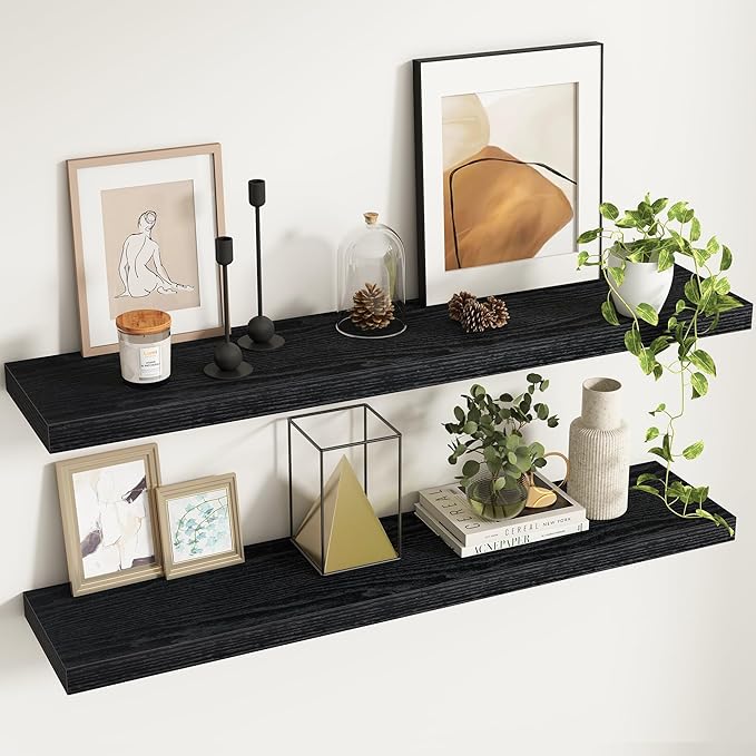 48Inch Floating Shelves, 9.3Inch Deep Rustic Wall Shelves - Extra Deeper & Thicker Wall Mounted Storage Shelf for Kitchen, Farmhouse - Set of 2 - Rustic Black