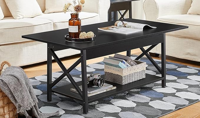 GreenForest Black Coffee Table with Storage Shelf 39 inch, 2 Tier Rectangular Center Table for Living Room,Modern Farmhouse Small Table for Home Office,Easy Assembly