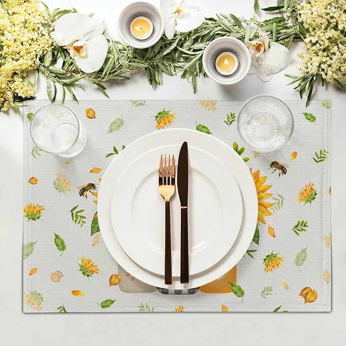 Giwawa Sunflower Vases Placemats Set of 4 Summer Bee Yellow Floral Mason Jar Place Mat 12x18 Inch Stain Heat Resistant Linen Table Mats for Kitchen Dining Seasonal Party Decor
