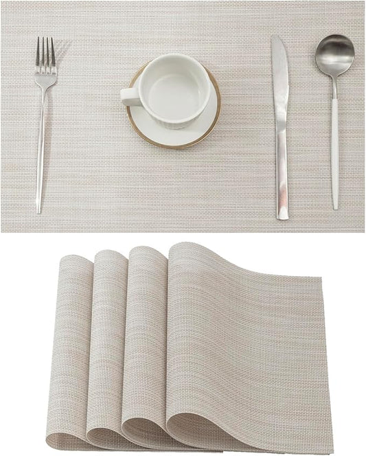 Leetaltree Beige White Placemats Set of 4 - Heat Resistant Non-Slip Place mats for Dining Table, Washable Durable PVC Vinyl Woven Table Mats(Beige White, 4)
