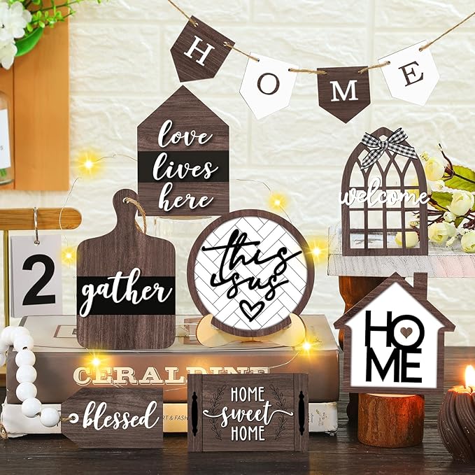 Set of 11 Summer Farmhouse Tiered Tray Decor Rustic Home Tiered Tray Decorations Set Wooden Signs Home This is Us Farmhouse Tabletop Wood Signs for Kitchen Table Shelf Decor