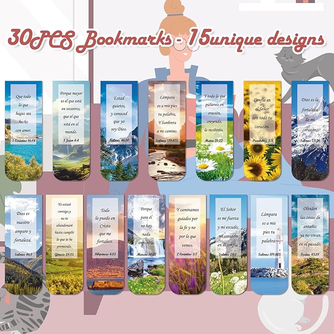 Spanish Christian Magnetic Bookmark - 30PCS Bible Verse Magnetic Bookmarks Scripture Scenery Book Marks Inspirational Religious Book Mark Magnets Page Marker Clip for Students Teacher Reading