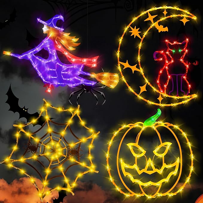 Halloween Decorations - 16" Halloween Window Silhouette Lights - 4 Pack Colour Lighted Cat on Moon & Witch & Pumpkin & Spider Web for Holiday Indoor and Outdoor Wall Door Window Decorate